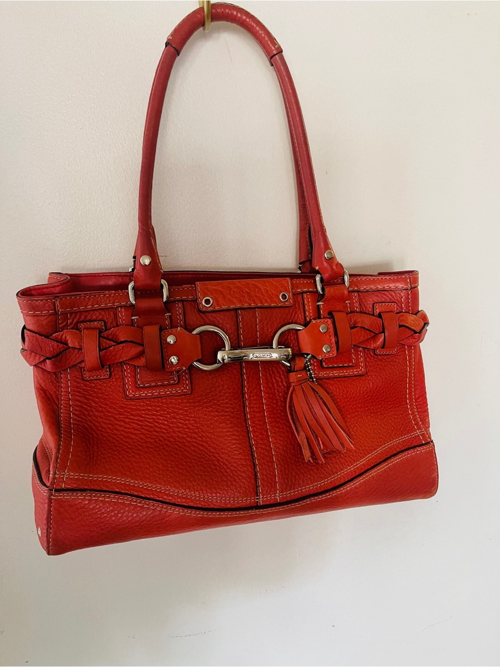 Y2K Coach Hamptons F13084 Coral Red Pebbled Leather Braided Satchel Carryall .